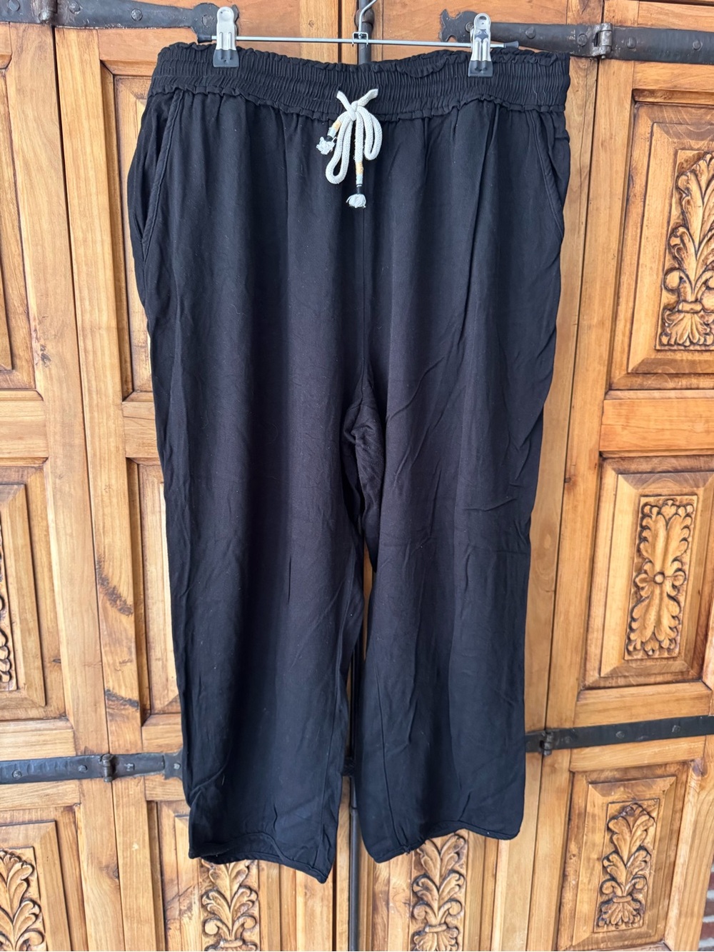 Hem & Thread Black Wide Leg Capris with Drawstring